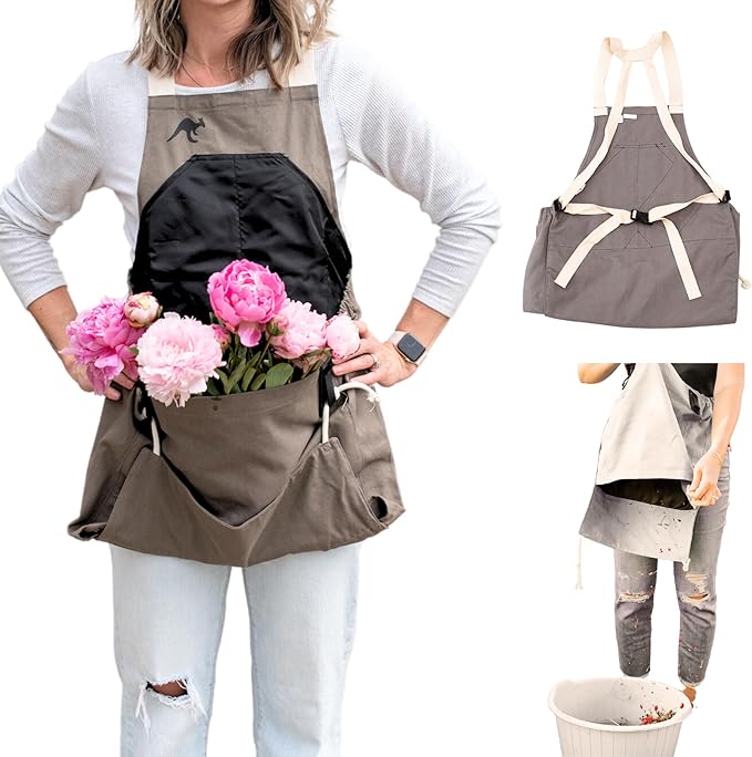 Roo Gardening Apron with Pockets & Harvesting, Picking Pouch - Adjustable, Water-resistant, Washable Canvas Cotton