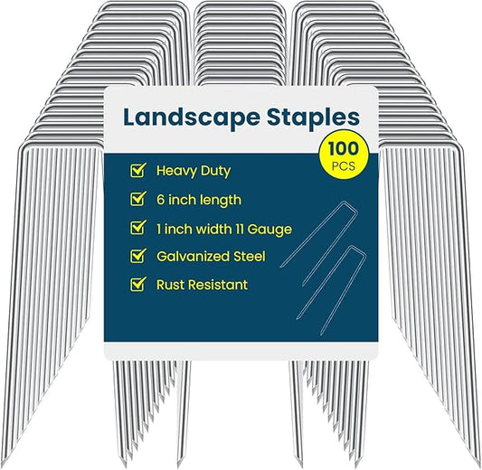6 Inches Galvanized Garden Staples, Metal Tent StakeHeavy Duty U-Shaped Pins and Landscaping Staples for Sod Anchoring Landscape Fabric Irrigation Tubing (100, Silver)