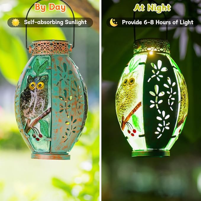Starsoul Owl Outdoor Solar Lantern Waterproof Metal & Stained Glass Owl Lamp Lights for Yard Patio Garden Tabletop Pathway Decor Gifts for Woman
