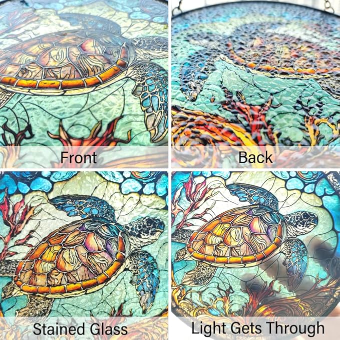 Sea Turtle Decor Suncatcher Stained Glass Window Hanging - Handmade Stained Glass Suncatchers Hangings with Hooks - Sea Art Glass Outdoor Garden Decor Gift for Women Him Valentines Day Birthday Gifts