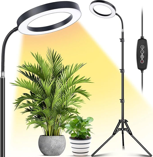 LORDEM Grow Light for Indoor Plants, Full Spectrum Plant Light with Auto Timer for 4/8/12H, 7.9" Diameter Growing Lamp with 108 LEDs, 4 Dimmable Levels, Adjustable Stand 24"-67"