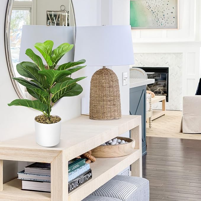 HUAESIN 18'' Artificial Fiddle Leaf Fig Tree Table Top Faux Ficus Lyrata Artificial Plants with 14 Leaves Potted Greenery Fake Plants for Home Office Living Room Balcony Indoor Modern Decoration