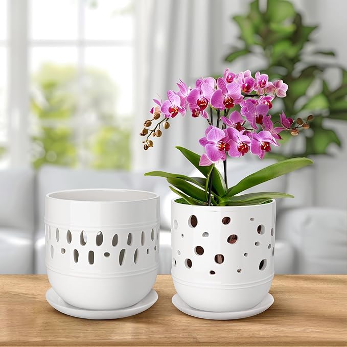 Orchid Pot, 5+6 Inch Orchid Pots with Holes, Orchid Pots for Repotting,Ceramic Flower Pots with Drainage and Tray,Planters for Indoor/Outdoor Plants - White