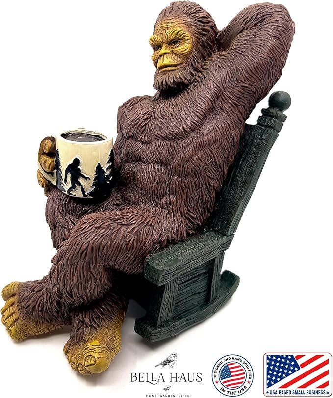 Bella Haus Bigfoot Garden Statue | Sasquatch Enjoying Morning Coffee | Whimsical Bigfoot Cabin Décor for Yard Patio Office or Home | Mythical Coffee-Loving Sasquatch Figurine | Hand-Painted Resin