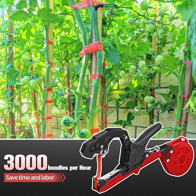 FUNTECK Professional Plant Tying Machine to Bind Tomatoes and Grapes Effortless Garden Tape Tool for Gardeners Farmers, Including Spare SK5 Blade, Garden Tapes and Staples, Red/Black