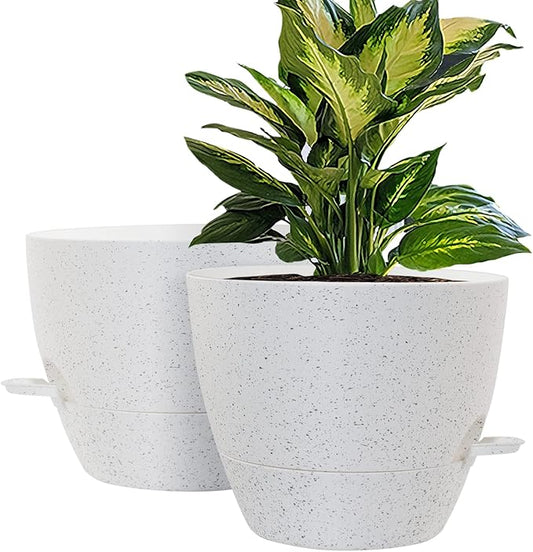 WOUSIWER 10 inch Self Watering Planters, 2 Pack Large Plastic Plant Pots with Deep Reservior and High Drainage Holes for Indoor Outdoor Plants and Flowers, Speckled White