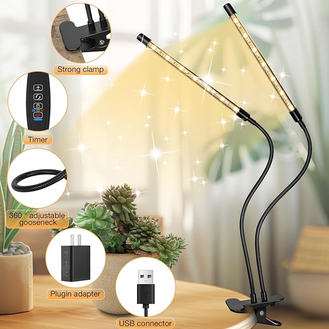 LED Grow Lights (2 Packs), 2 Heads Red Blue White Full Spectrum Plant Light with Clamp for Indoor Plants & Seed Starting, 10-Level Dimmable, Auto On Off, Timing 4 6 12Hrs