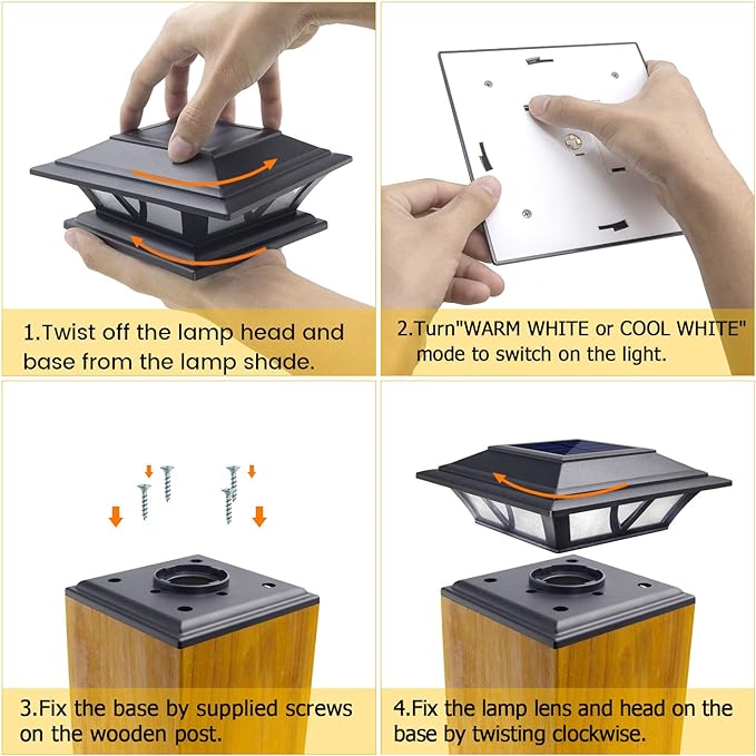 SIEDiNLAR Solar Post Lights Outdoor 2 Modes LED Deck Fence Cap Light for 4x4 5x5 6x6 Posts Patio Garden Decoration Warm White/Cool White Lighting Black (4 Pack)
