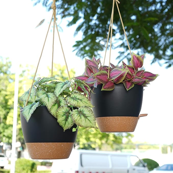 8 inch Hanging Planters, 2 Pack Self Watering Hanging Pots with 20oZ Deep Reservoir for Indoor Outdoor Plants Flowers, Black with Brown