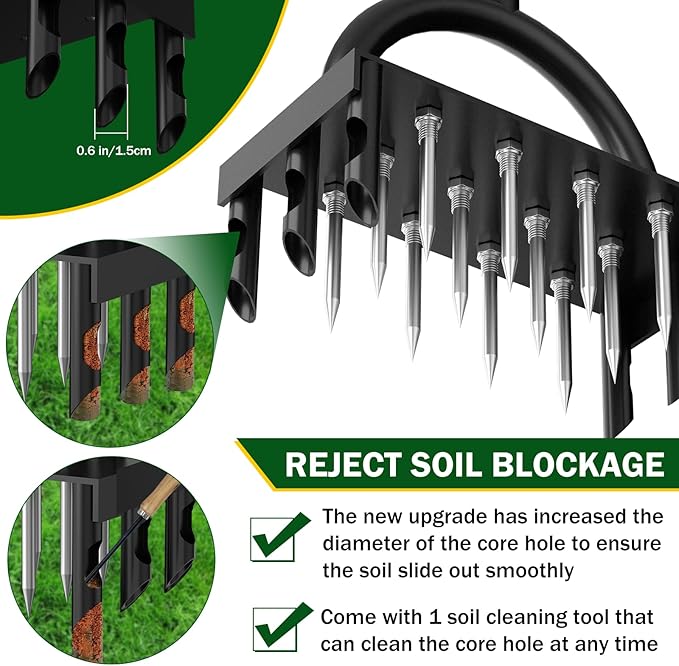 2-in-1 Lawn Aerator 43.3'',Aerator Lawn Tool with 18 Spikes,Manual Lawn Aerator Coring Tool,Yard Grass Plug Aerator for Lawn Aerating,Core Aerator with Cleaning Tool for Lawn Garden Care Compact Soil