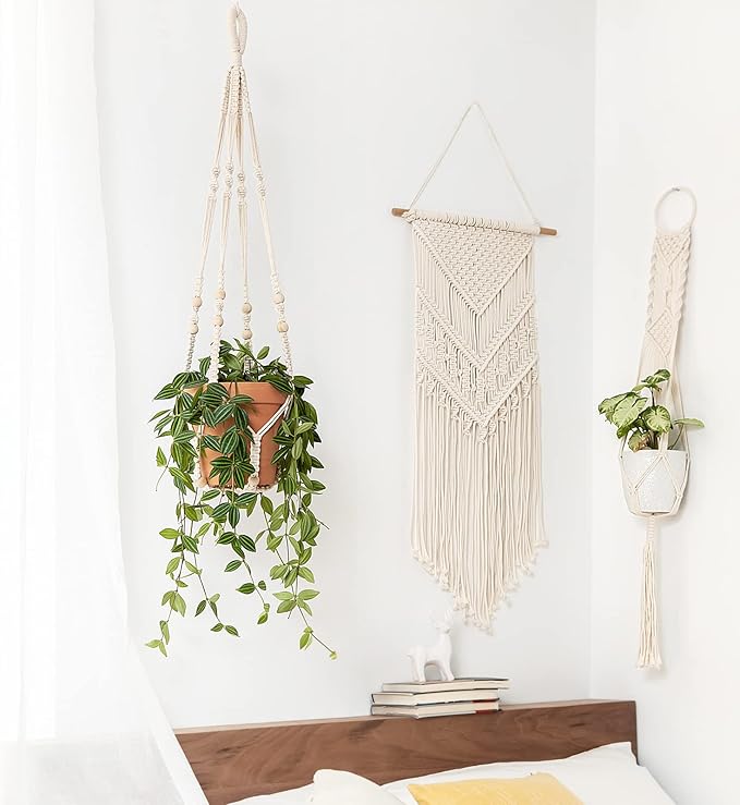 Mkono Macrame Plant Hanger Indoor Hanging Planter Basket with Wood Beads Decorative Flower Pot Holder No Tassels for Indoor Outdoor Boho Home Decor 35 Inch, Ivory, Set of 1 (POTS NOT Included)