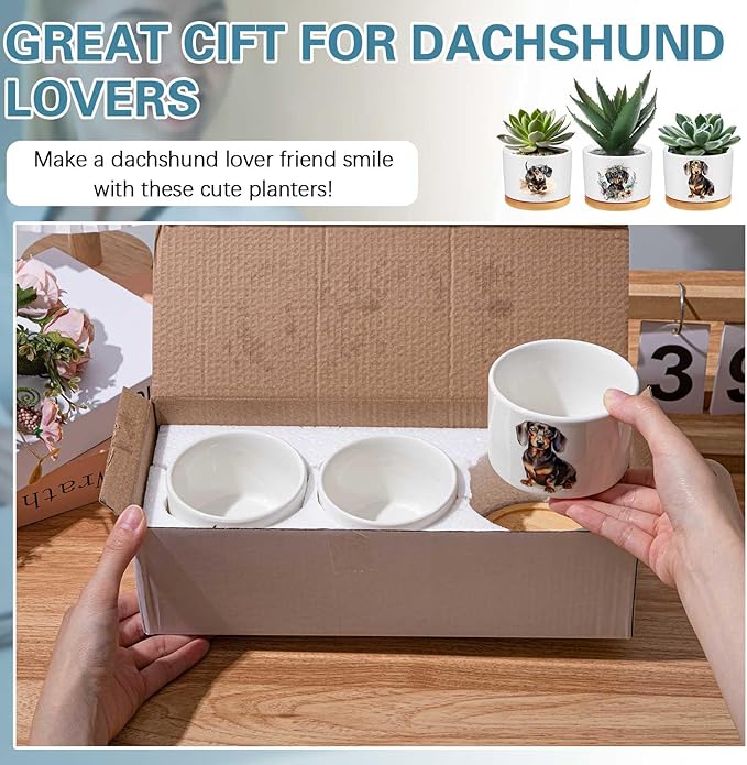 3 Pcs Dachshund Decor Gift for Christmas Women Planter Ceramic Gift Animal Plant Pot with Bamboo Tray for Office Home Farm House Bathroom Kitchen Decorations (No Plants Included)