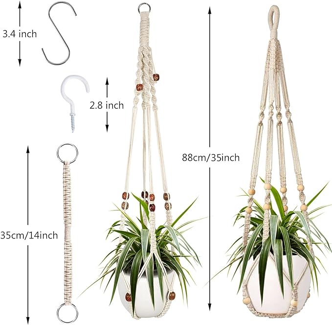 Augshy Macrame Plant Hanger, 2Pcs Hanging Plant Holder with Extender Plant Hangers for Indoor Outdoor Decor Macrame Hanging Planter Basket with 4 Hooks