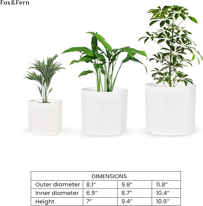 Fox & Fern Matte White Plant Pots with Drainage Plug (Set of 3) — Premium Lightweight Fiberstone 8, 10, and 12 Inch Planters for Indoor and Outdoor Use; Weather Resistant & UV Resistant