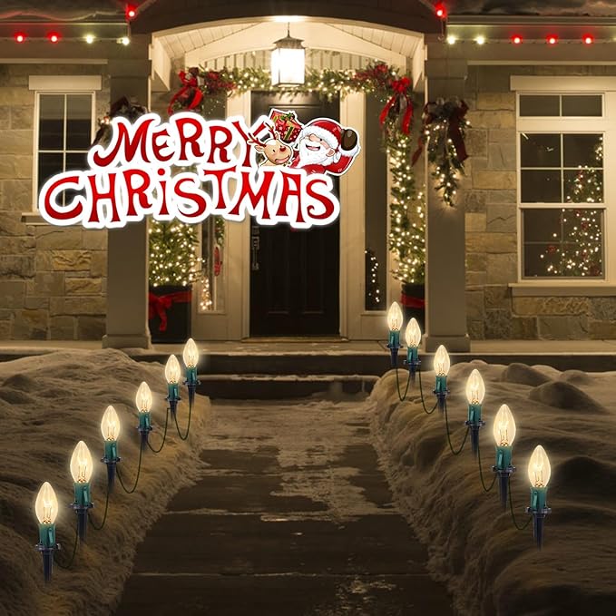 C9 Christmas Pathway Lights, 38FT Clear Christmas Pathway String Lights with 25 Incandescent Bulbs and Stakes for Outdoor Walkway Driveway Backyard Christmas Decorations, Warm White