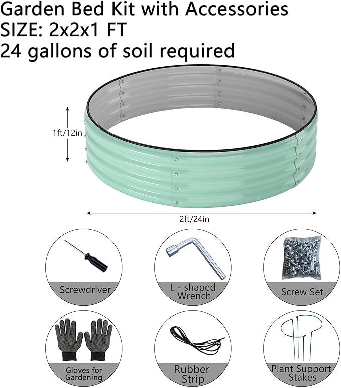 Galvanized Metal Planter Round Raised Garden Bed Kit for Gardening Outdoor，2x2x1ft 2PC Grow Garden Box Raised Flower Bed，Round Galvanized Planter Outdoor Metal Fire Pit Ring Green