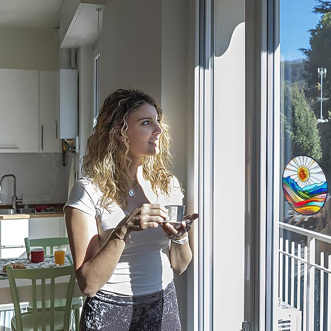 Artistic Colorful Sunrise Stained Glass Suncatcher - Window Wall Hanging Ornament Hand-Painted Glass Panel Sun Catcher - Decoration for Home Garden Christmas Party Wedding Housewarming Gifts