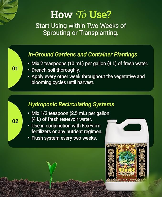 FoxFarm Bushdoctor Microbe Brew - Liquid Macro & Micronutrients, Enhances Root Efficiency, Growth & Nutrient Uptake - Soil Revitalizer- NPK 1.0-0.3-0.2 (Gallon)