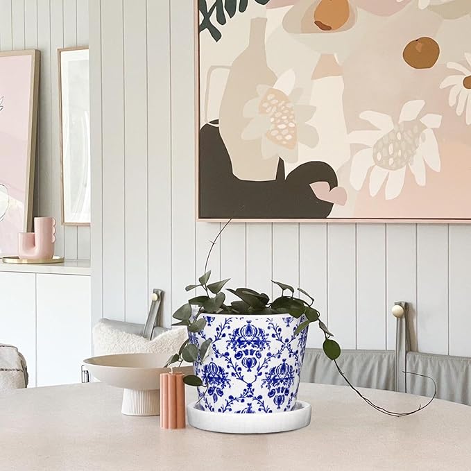 Blue and White Ceramic Pots for Plants, 4.8" + 5.5" Decorative Plant Pots Round Ceramic Planters for Indoor Plants Pots with Drainage Hole Saucers, Retro Planter Pot for Succulents Cactus Flower Pots