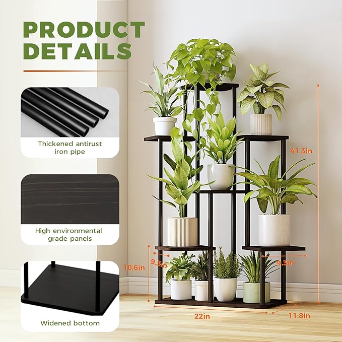 7 Tiered Plant Stand Indoor Corner Plant Shelf for Multiple Plants for Patio Garden Balcony Living Room Bedroom, Tall Metal Flower Pots Stand Relaxing for Women Gift Black Oak