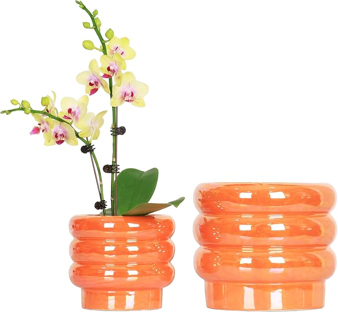7.8 Inch + 5.7 inch 2 pcs Ceramic Plant Pots for Indoor Plants, Rainbow Pearl Glaze Planter with Planters for Plants with Drainage Hole, Orchid Pots, Succulent Pot, Flower Pot (Orange)