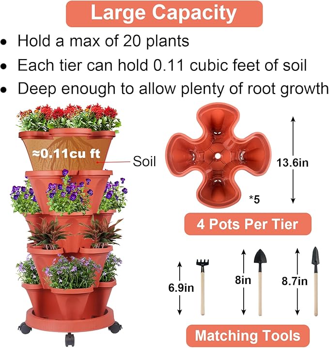 Vertical Planter 5 Tier Stackable Planters Garden Planters Strawberry Herb Flower and Vegetable Planter Indoor Outdoor Gardening Pots with Removable Wheels and Tools 2-Pack