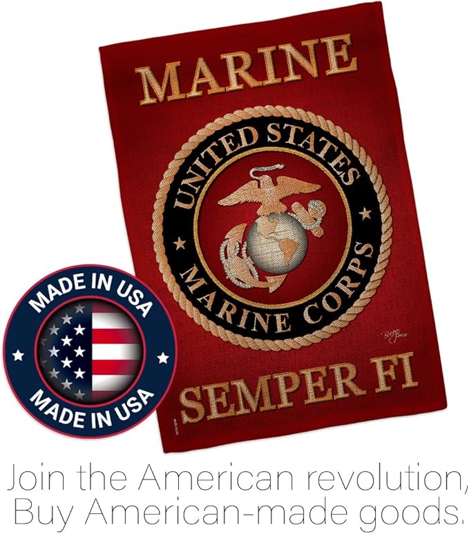 Marine Corps Burlap Garden Flag - Set with Stand Armed Forces USMC Semper Fi United State American Military Veteran Retire Official - House Banner Small Yard Gift Double-Sided Made In USA , Garden Flag 13"x 18.5"
