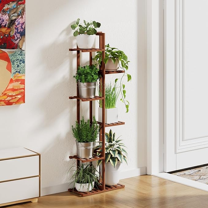 ROSSNY Plant Stand Indoor, 6 Tier 7 Potted Bamboo Plant Stands for Indoor Plants, Corner Plant Stand, Tiered Plant Stands, Plant Shelf For Indoor, 48 Inch Tall Planter Holder for Multiple Plants Indoor, Brown