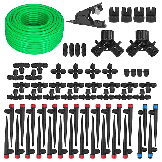 Drip Irrigation System for Gardening 100FT Efficient Watering Kit with Hose Nozzles Easy Installation & Maintenance Ideal for Vegetables Flowers Lawns Durable & Eco-Friendly