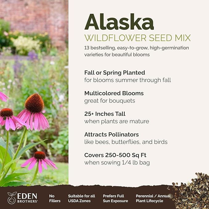 Eden Brothers Alaska Wildflower Mixed Seeds for Planting, 1/4 lb, 120,000+ Seeds with Yarrow, Foxglove, Cornflower | Attracts Pollinators, Plant in Spring or Fall, Zones