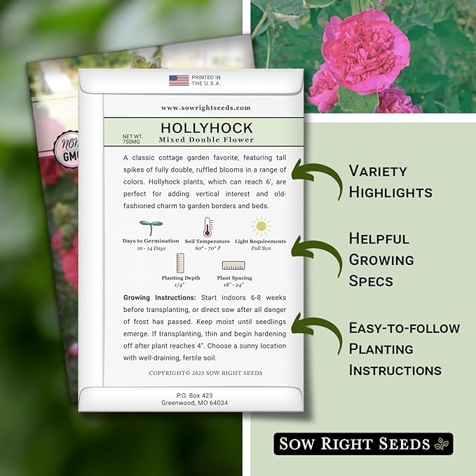 Sow Right Seeds - Double Flower Mixed Hollyhock Seeds for Planting - Non-GMO Heirloom Packet with Instructions to Plant an Outdoor Cottage Garden - Tall Ruffled Mix of Pink, Yellow, Red & White (1)