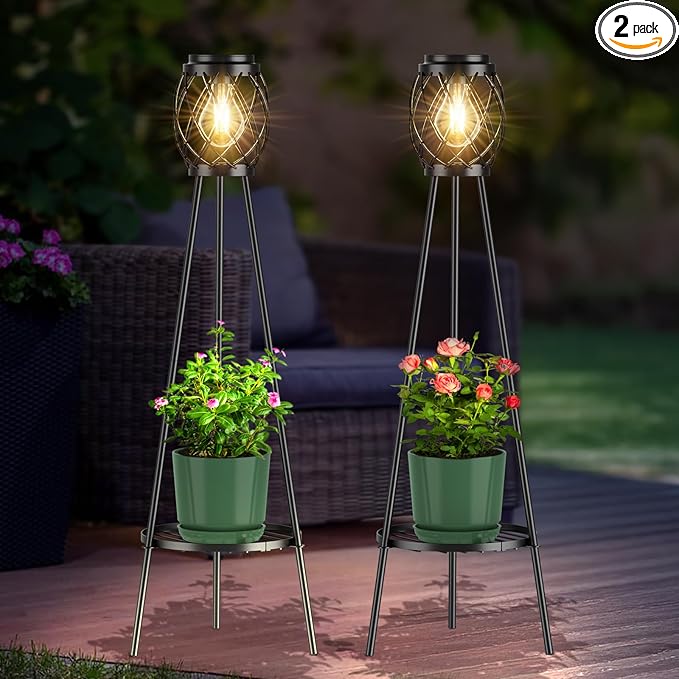 2 Pack Solar Lights Outdoor with LED Edison Bulbs, Vintage Style Solar Floor Lamp with Plant Stands, Weatherproof Garden Lights for Pathway, Patio, Yard, Porch Decor 8-10 Hours Lighting