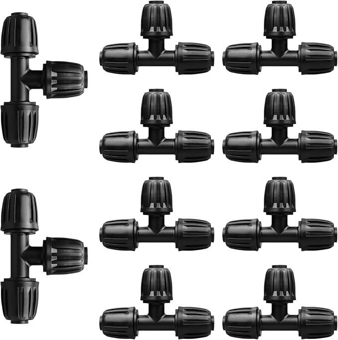 Drip Irrigation Fittings for 1/2 Inch Tubing (0.60"-0.63" OD), 10 Pieces Barbed Tee Drip Parts Locked Tee Connectors, 3 Way Drip Line Nuts Connectors for 1/2" Drip Irrigation Hose (13mm ID)