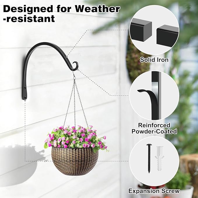 Gtongoko 2 Pack 10 Inch Plant Hangers Outdoor Metal, Plant Hooks for Wall Indoor, Outdoor Hooks for Hanging Bird Feeders, Plant Bracket, Lanterns, Wind Chinme, Black