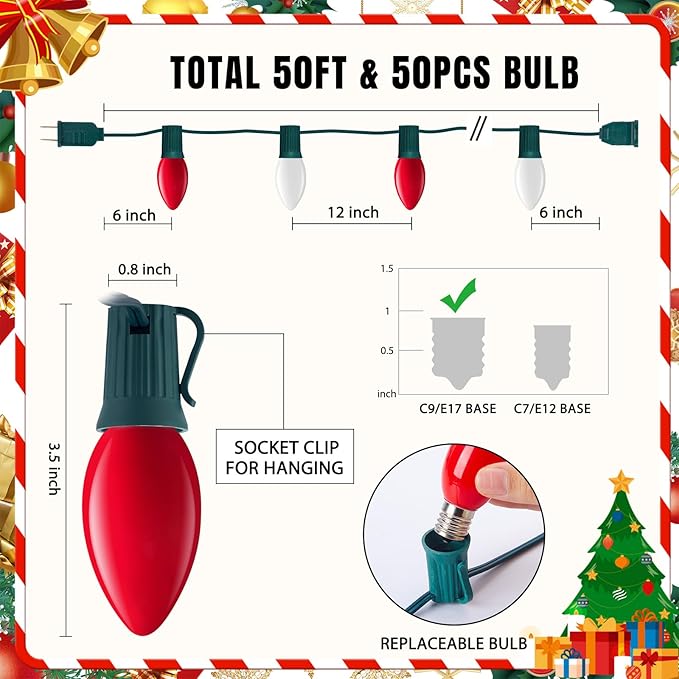 Minetom Outdoor Christmas Lights, 50 FT Vintage Red and White C9 Christmas String Lights for Christmas Holiday Indoor Room Roofline Backyard Garden Patio Home Decor, E17 Base, Green Wire