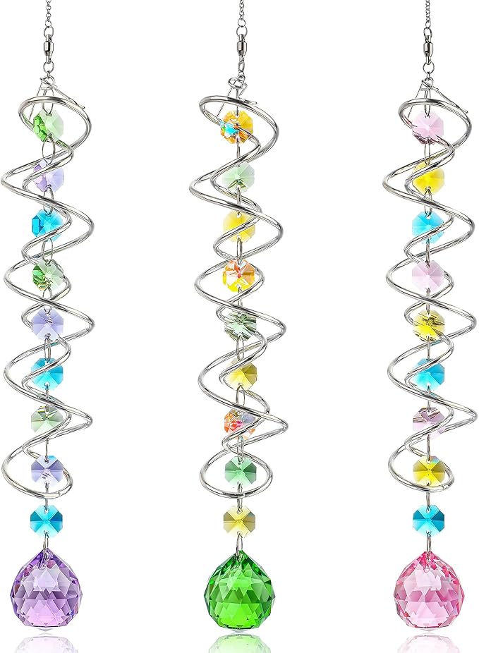 H&D HYALINE & DORA Set of 3 Crystal Sun Catcher for Window Hanging Double-Spiral Gazing Ball Spiral Tail Rainbow Maker Wind Spinners Outdoor for Garden, Patio, Porch, Christmas