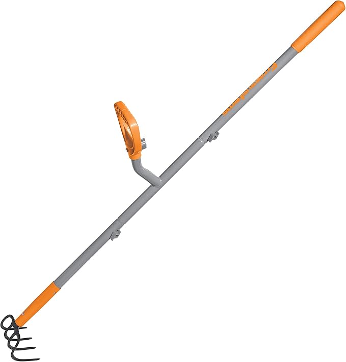 ERG-CLTV45 w/54, 5-in-1 Impact Resistant Garden Soil Cultivator w/ 5-in-1 Piece Forged Steel Head, 4-Tine, 54-Inch Shaft, w/Patented Ergonomic Second Handle, Gray/Orange