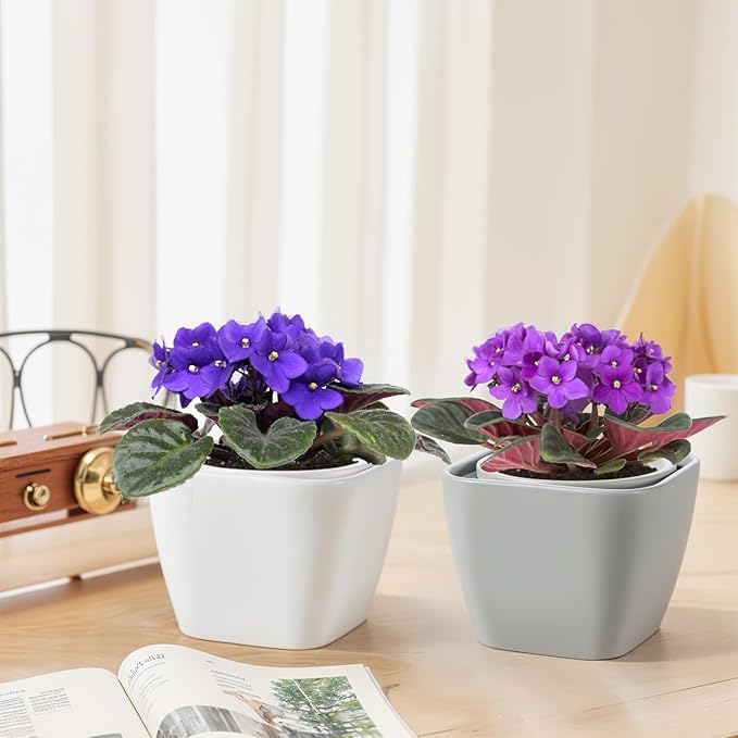 6 Inch Self Watering Pots for Indoor Plants,African Violet Pots, Easy Plant Self Watering Planter, Ceramic Plant Pot with Absorbent Inner Pot for Flowers,Indoor Flower Pots-Grey