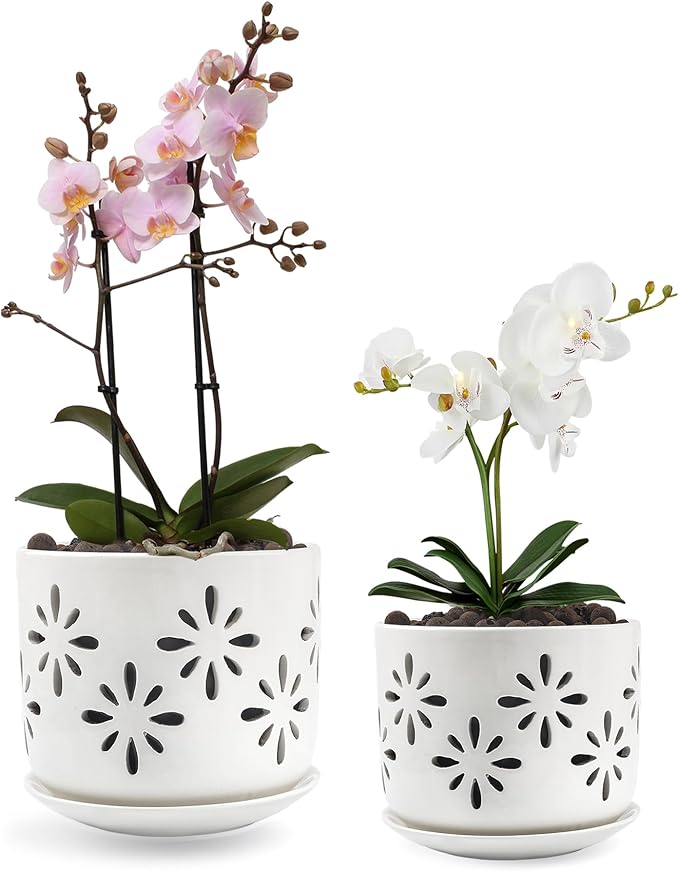 EFISPSS Orchid Pot-5+6 Inch,Ceramic Drainage Orchid Pots with Holes, Enhance Good Ventilation and Drainage,Orchid Pots Indoor/Outdoor Plants or Repotting
