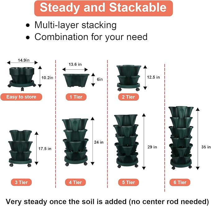 Vertical Planter 6 Tier Stackable Planters Garden Planters Strawberry Herb Flower and Vegetable Planter Indoor Outdoor Gardening Pots with Removable Wheels and Tools