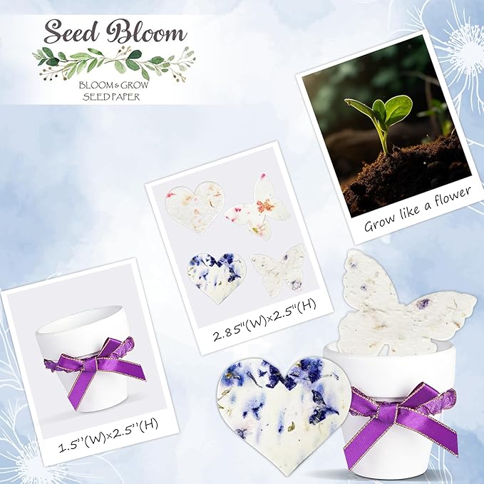 Set of 6 Seed Paper – 6 Purple Butterflies & 6 White Pots with Bow for Weddings & Life Events
