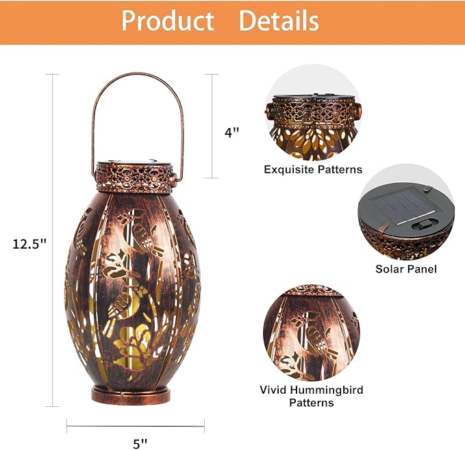 pearlstar 2 Pack Solar Lantern Hanging Light Outdoor Waterproof Decorative Metal Solar Lamp for Table Garden Yard Patio Balcony Pathway,Copper,Perfect Gift for Women/Mom/Men,Cardinal-2