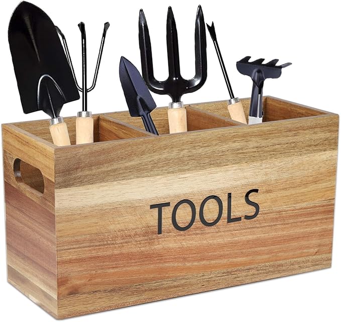 Garden Tool Basket Wood Utensil Holder for Gardening Kit Organizer Garden Hand Tools Arrange and Display Storage - Gardening Gifts for Women Men 11.8" L x 4.6" W x 6" H for Pruning Shears, Cultivator