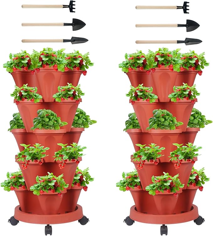 Vertical Planter 5 Tier Stackable Planters Garden Planters Strawberry Herb Flower and Vegetable Planter Indoor Outdoor Gardening Pots with Removable Wheels and Tools 2-Pack
