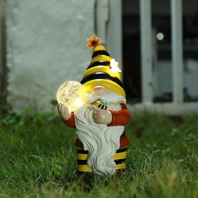 Solar Garden Gnome Statue, Resin Bee Gnome Figurine with Flower and Crackle Glass Globe Lights for Outdoor Decor, Porch Patio Yard Decorations, Garden Gifts for Mom