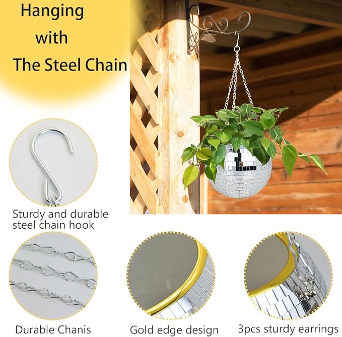 Disco Ball Planter, 2 Pack 8" Disco Planter with Hanging Rope, Hanging Chain & Hook & Ring Stand, Disco Ball Plant Hangers for Indoor and Outdoor Plants (Silver, 8"+8")