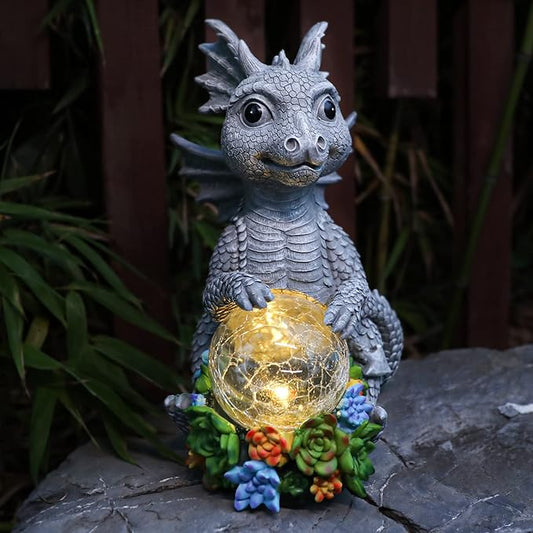 Garden Dragon Statue Outdoor Decor, Large Dragon Figurine with Solar Crackle Globe Light Yard Art Decoration Resin Ornament for Indoor Home Outdoor Patio Lawn Gift