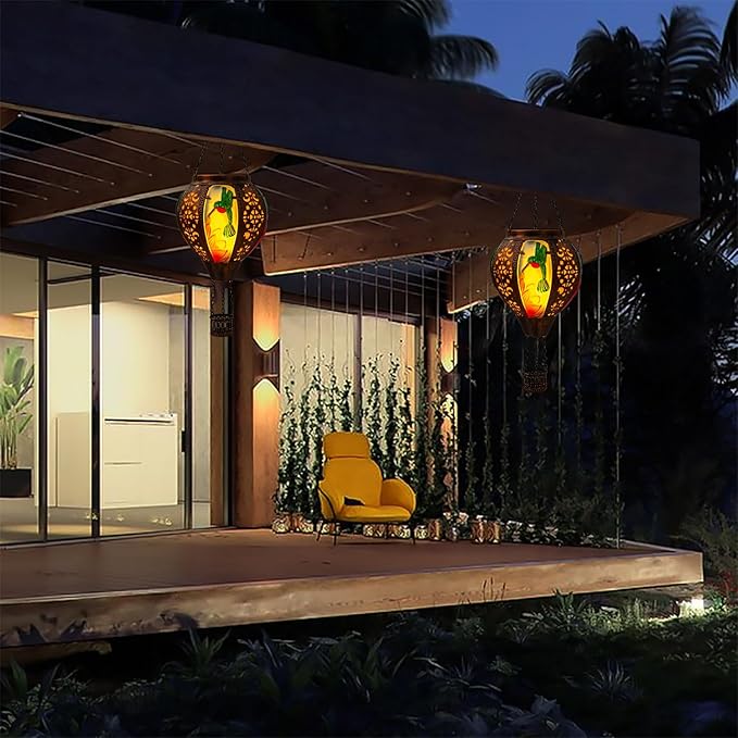 Hot Air Balloon Solar Lantern Hummingbird Lights, Flickering Flame Solar Hanging Lights for Outside,Waterproof for Garden Yard Patio Porch Decoration（Hummingbird）