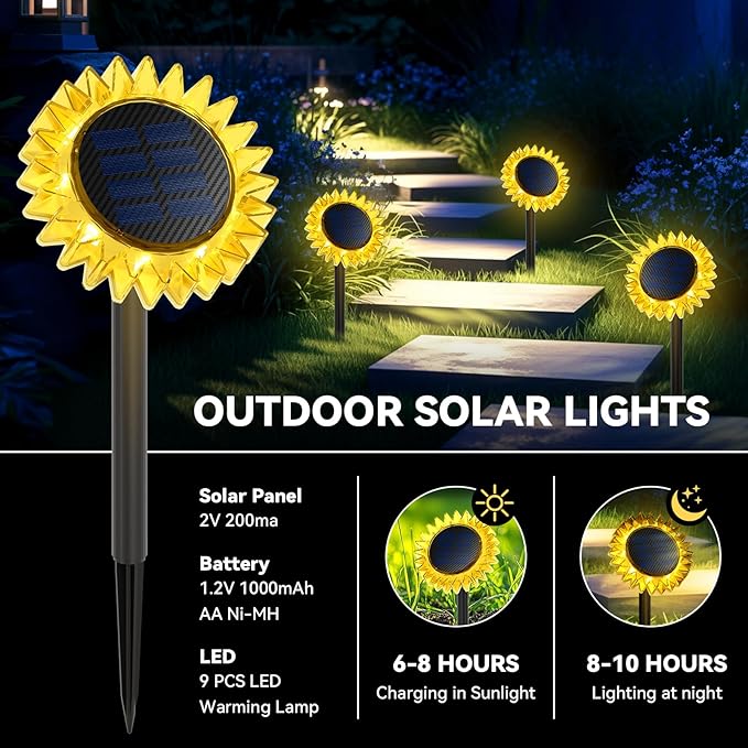 Outdoor Solar Lights, 6 Pack Led Solar Sunflower Lights, Stake/Wall 2-in-1 Waterproof Solar Garden Lights for Yard, Landscape, Fence, Patio, Driveway, Pathway, Backyard Decoration (Warm White)