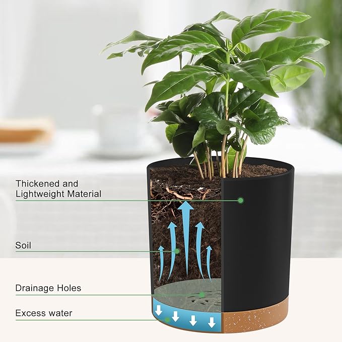 Plant Pots – 7/6.5/6/5/4 Inch Plastic Planters with Drainage Holes and Saucers, Flower Pots for Indoor and Outdoor Plants (Black)